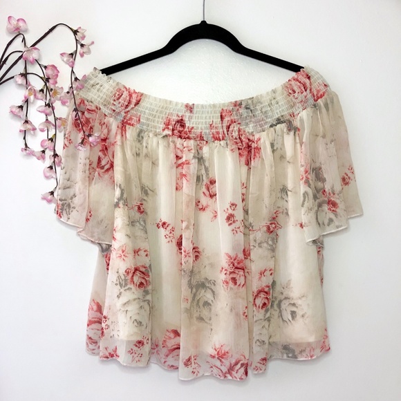 love, Fire Tops - Love, Fire Cream Off-The-Shoulder Pink Floral Top